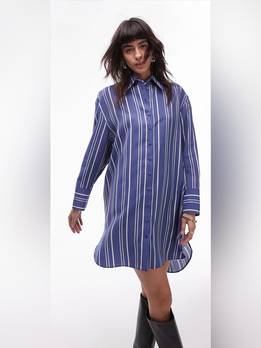 Topshop Mini Shirt Dress with Step Hem - Size Small - Blue Stripe